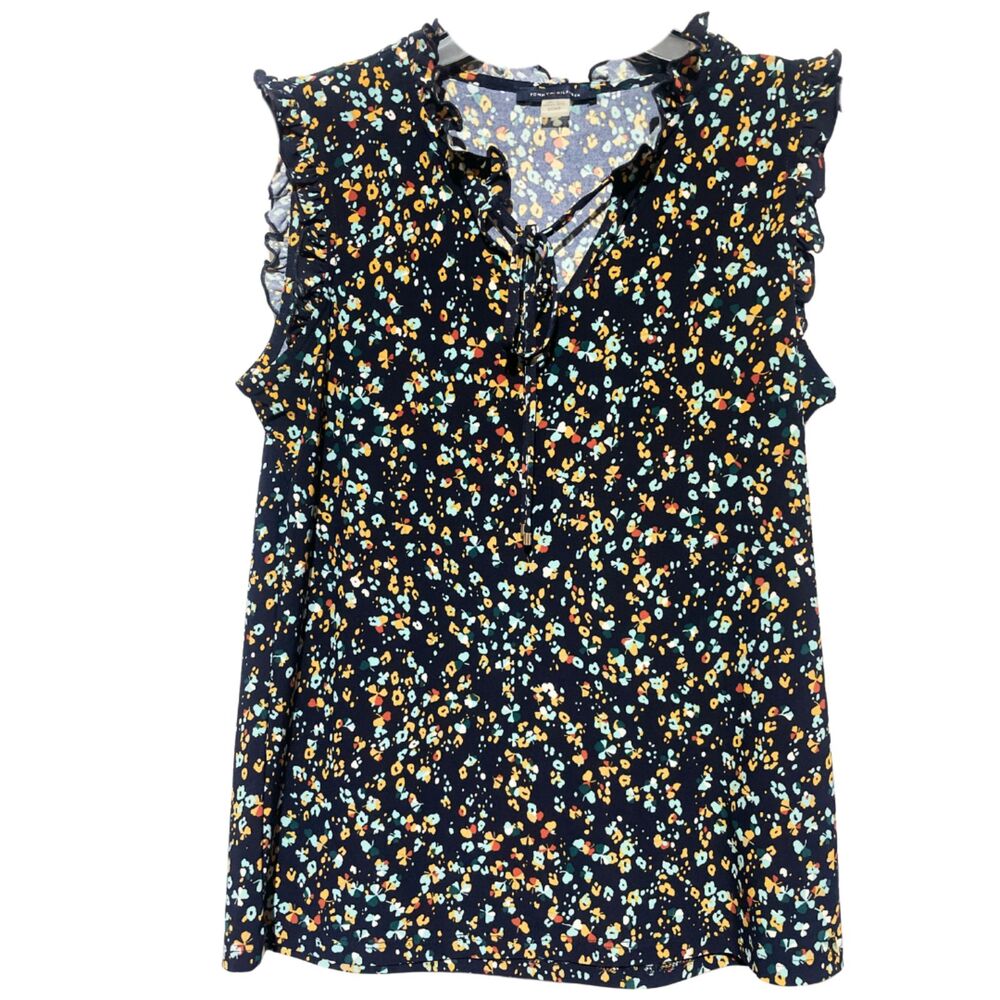Tommy Hilfiger Floral Blouse Small Navy Ruffle Tie Neck Sleeveless Top